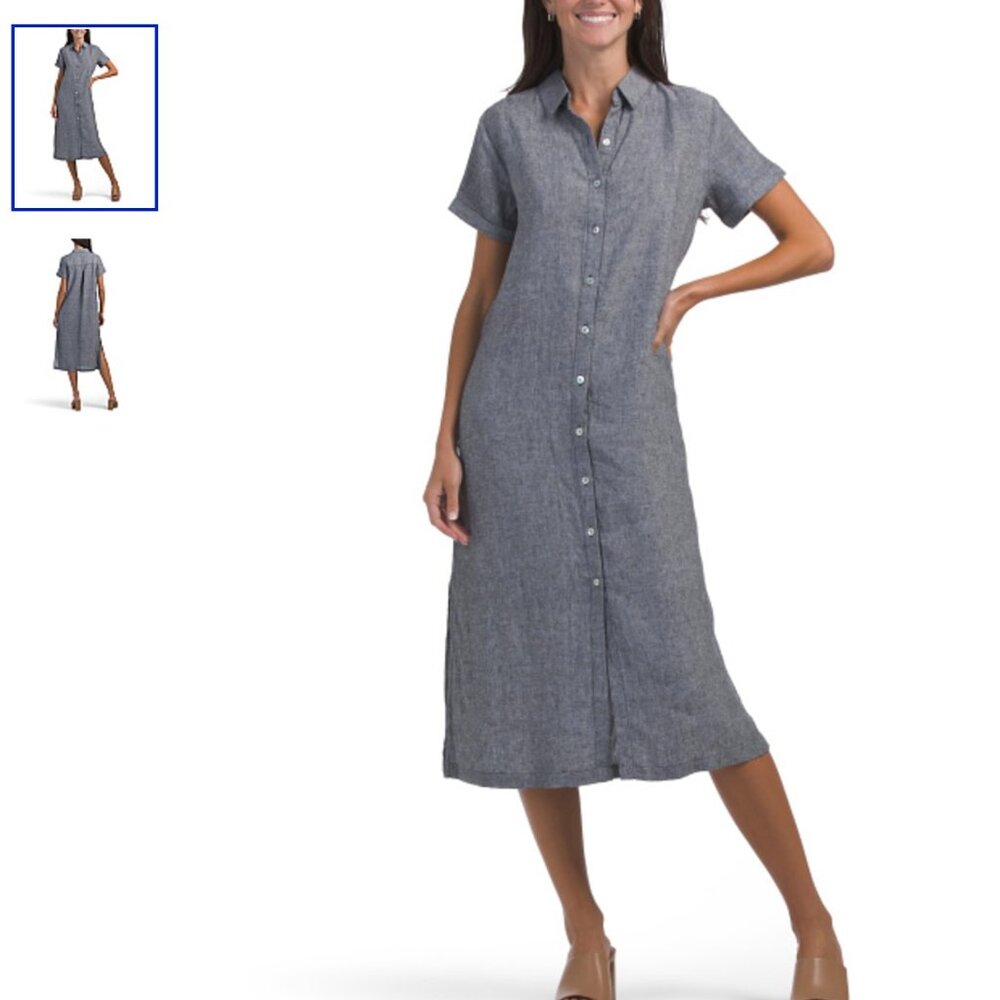 Tahari women Sz M button down short sleeve tunic/shirt/dress 100% Linen NWT